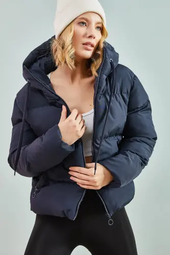 Women's Hooded Puffer Jacket-Navy Blue - 6