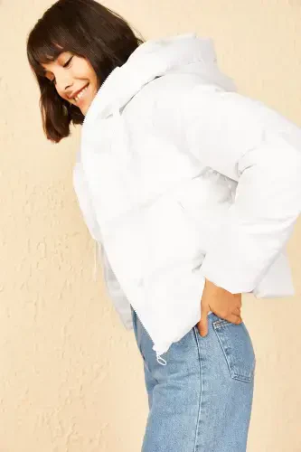 Women's Hooded Puffer Jacket-White - 1