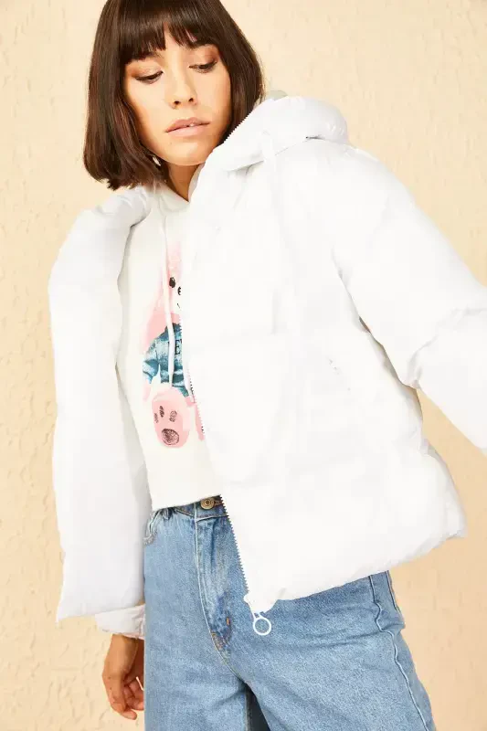 Women's Hooded Puffer Jacket-White - 2
