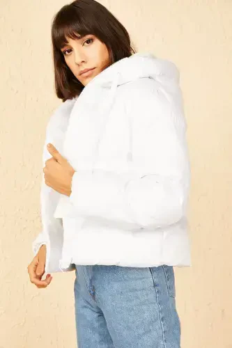 Women's Hooded Puffer Jacket-White - 6