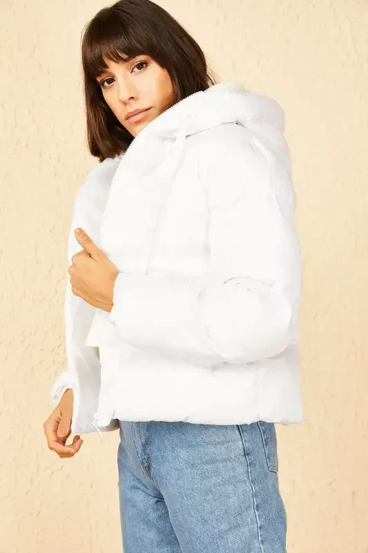 Women's Hooded Puffer Jacket-White - 6
