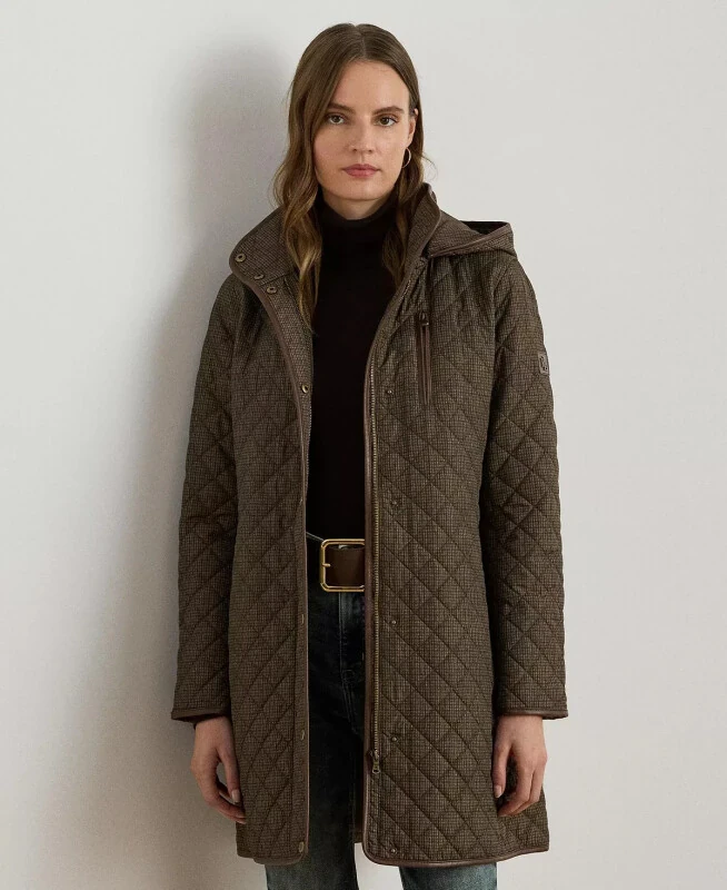 Women's Hooded Quilted Coat-Brown Mini Check - LAUREN RALPH LAUREN