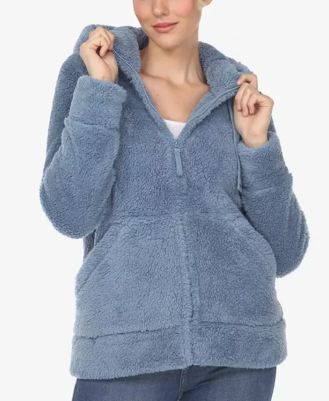 Women's Hooded Sherpa Jacket-Denim Blue - WHITE MARK