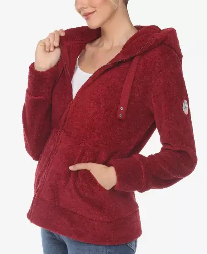 Women's Hooded Sherpa Jacket-Red - 3