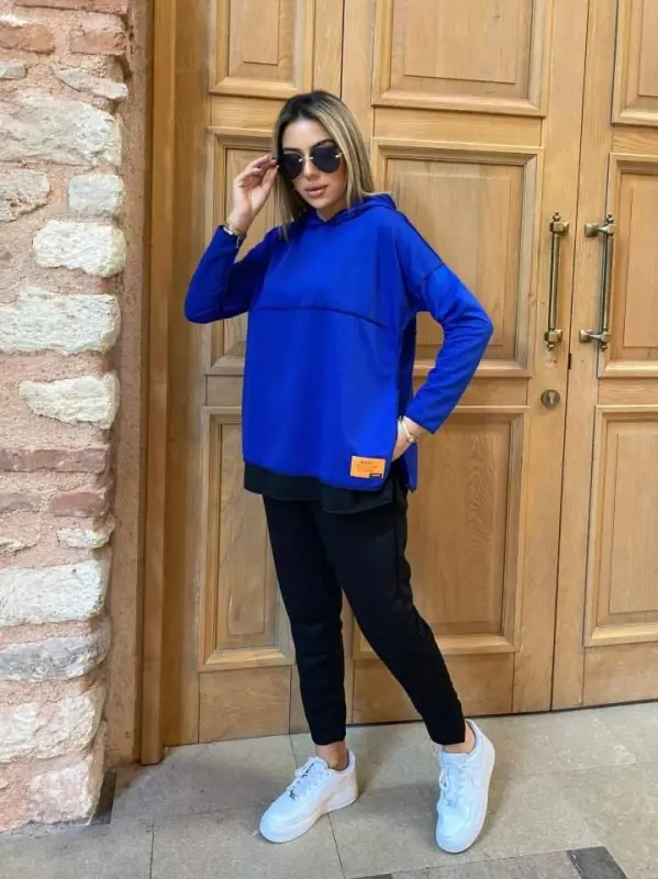 Women's Hooded Skirt Hem Detail Crested Reverse Stitch Look Two Piece Set - 2