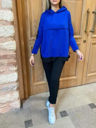 Women's Hooded Skirt Hem Detail Crested Reverse Stitch Look Two Piece Set - 4