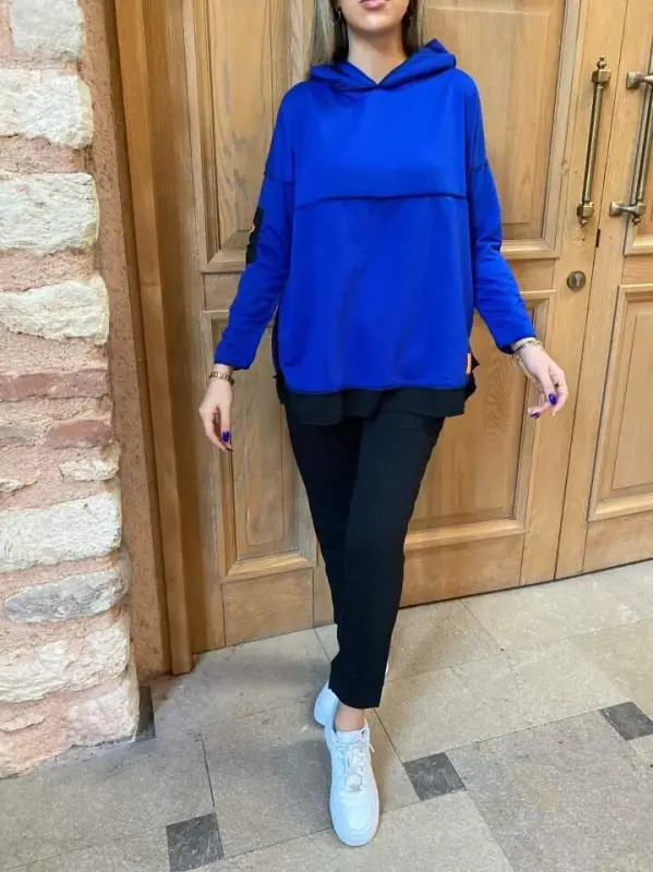 Women's Hooded Skirt Hem Detail Crested Reverse Stitch Look Two Piece Set - 4