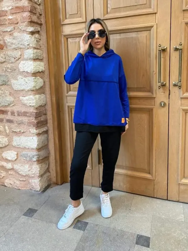 Women's Hooded Skirt Hem Detail Crested Reverse Stitch Look Two Piece Set - BÜYÜKBEDENIZ