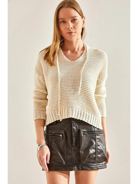 Women's Hooded Tie-Up Knit Sweater - 6