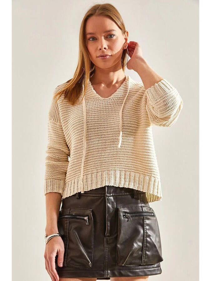 Women's Hooded Tie-Up Knit Sweater - 10