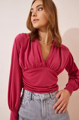 Women's Hot Pink Deep V Neck Crop Sandy Knitted Blouse BF00050-Hot Pink - 3