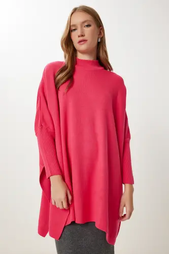 Women's Hot Pink Side Slit Oversize Poncho Sweater YY00005-Hot Pink - 5
