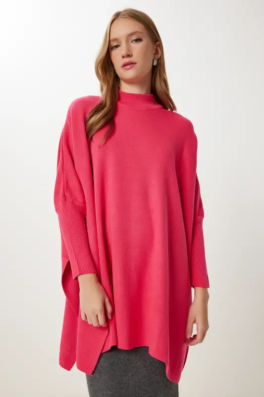 Women's Hot Pink Side Slit Oversize Poncho Sweater YY00005-Hot Pink - 5