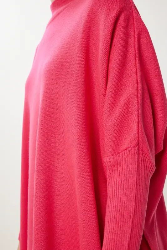 Women's Hot Pink Side Slit Oversize Poncho Sweater YY00005-Hot Pink - 6