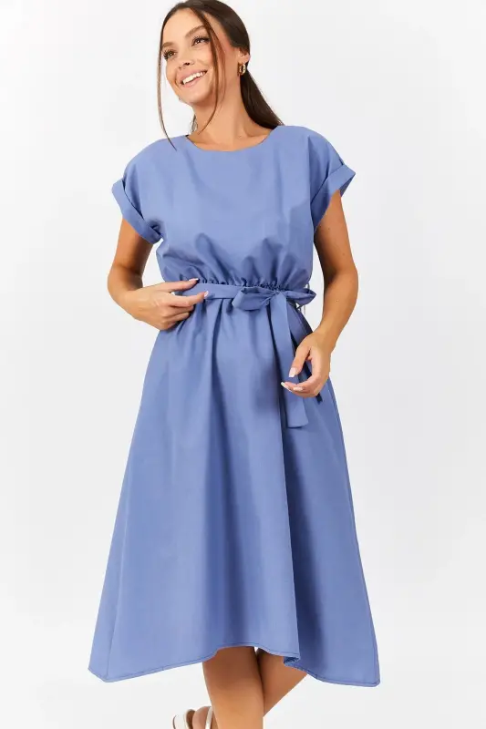 Women's Ice Blue Elastic Waist Tie Dress Arm-18Y001120-ICE BLUE - 3