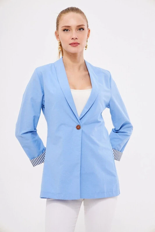 Women's Ice Blue Lined Inner Sleeve Single Buttoned Jacket ARM-22K001122-Ice Blue - ARMONIKA