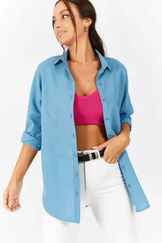 Women's Ice Blue Oversize Long Basic Shirt ARM-22Y001118-Ice Blue 