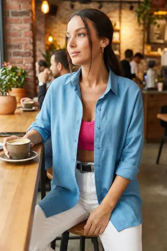 Women's Ice Blue Oversize Long Basic Shirt ARM-22Y001118-Ice Blue 