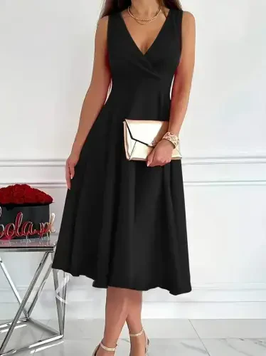 Women's Imported Crepe Fabric Wrap Collar Skirt Flared Sleeveless Mini Dress - 1