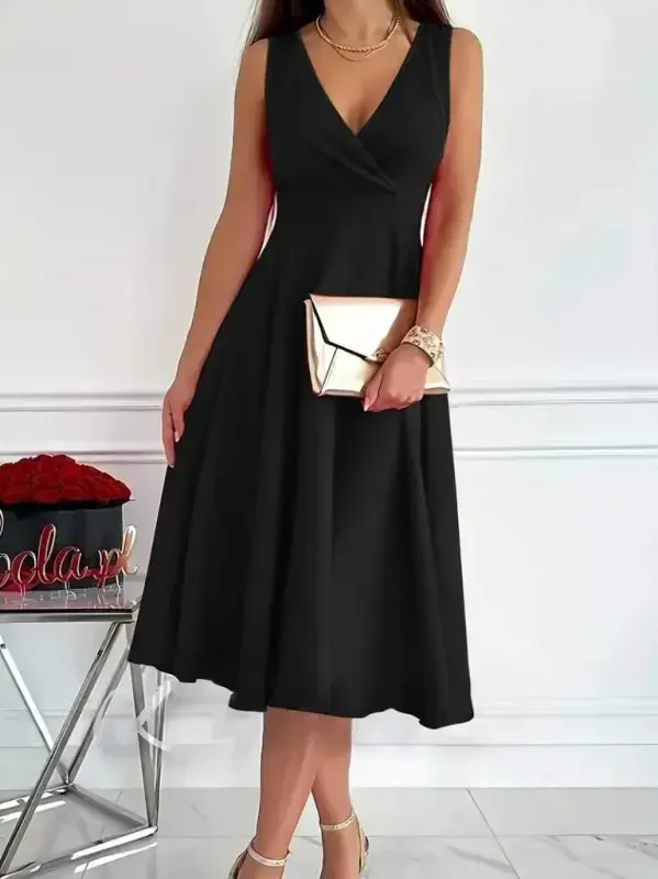 Women's Imported Crepe Fabric Wrap Collar Skirt Flared Sleeveless Mini Dress - 1