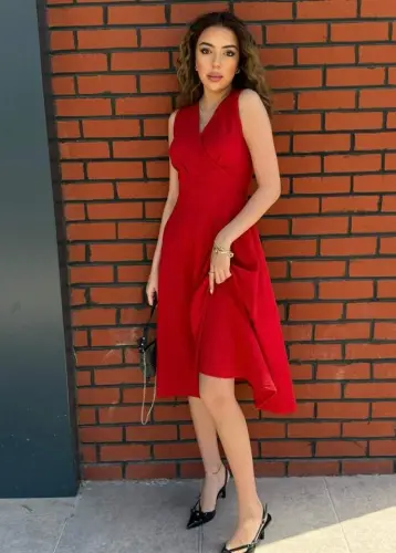 Women's Imported Crepe Fabric Wrap-Over Neck Flared Skirt Sleeveless Mini Dress - 1