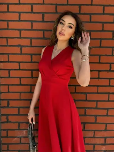 Women's Imported Crepe Fabric Wrap-Over Neck Flared Skirt Sleeveless Mini Dress - BÜYÜKBEDENIZ (1)