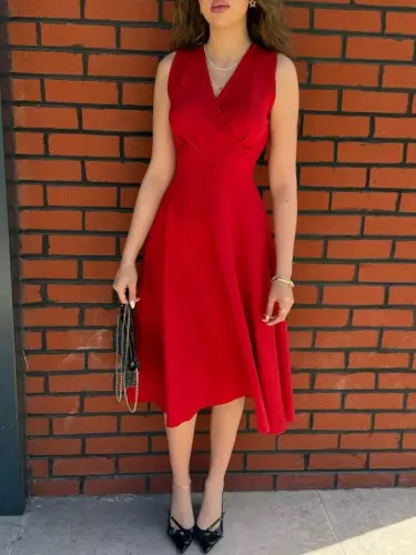 Women's Imported Crepe Fabric Wrap-Over Neck Flared Skirt Sleeveless Mini Dress - 3