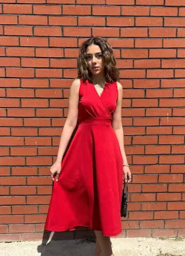 Women's Imported Crepe Fabric Wrap-Over Neck Flared Skirt Sleeveless Mini Dress - 4