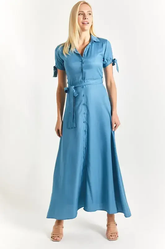 Women's Indigo Arm Tie Waist Belted Shirt Dress Arm-23y001004-Indigo - 1