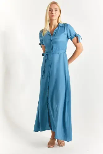 Women's Indigo Arm Tie Waist Belted Shirt Dress Arm-23y001004-Indigo - 3