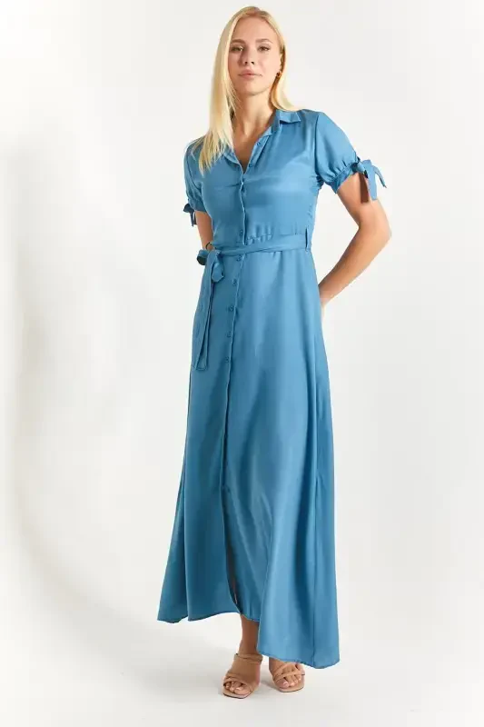 Women's Indigo Arm Tie Waist Belted Shirt Dress Arm-23y001004-Indigo - 3