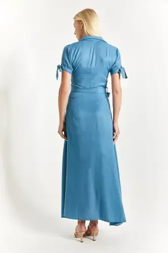Women's Indigo Arm Tie Waist Belted Shirt Dress Arm-23y001004-Indigo - 4