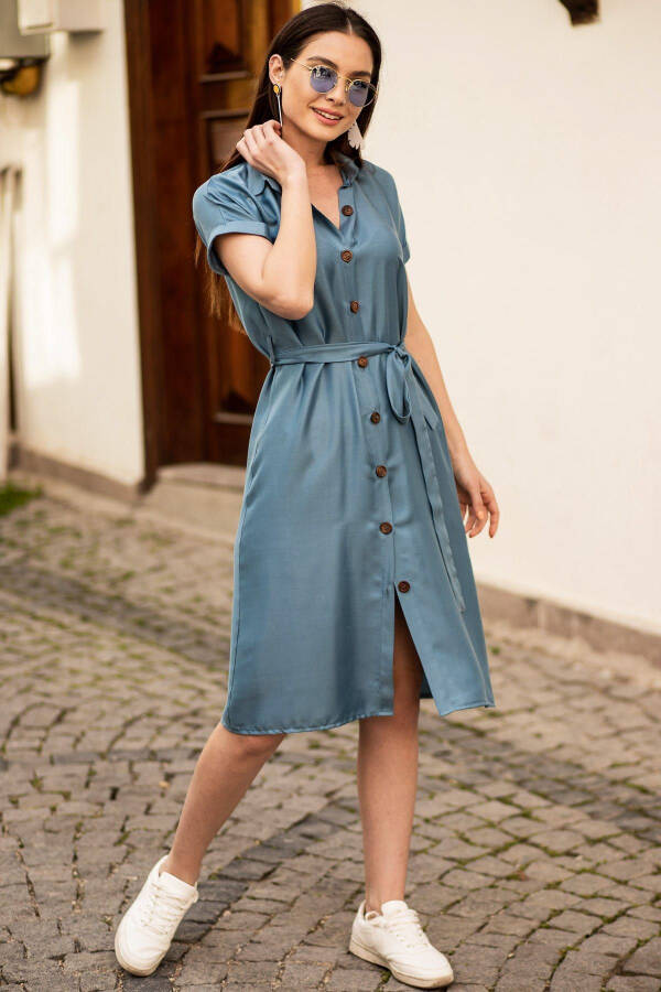 Women's Indigo Belted Short Sleeve Shirt Dress ARM-19Y001068 - 2