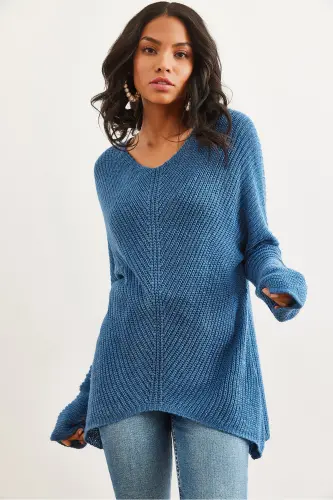Women's Indigo Bias Braided V-Neck Thessaloniki Sweater KZK-19000867-Indigo - OLALOOK (1)