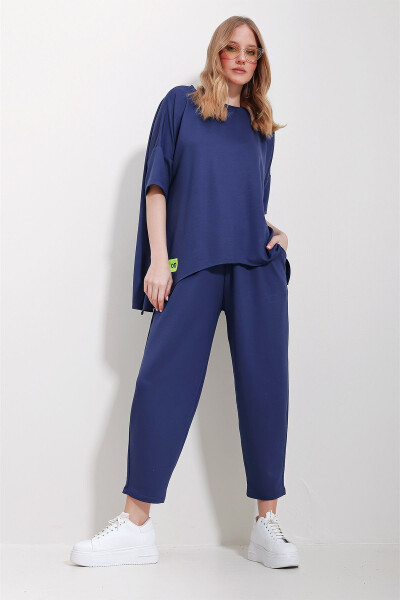 Women's Indigo Bicycle Neck Asymmetrical Cut Armed Blouse And Trousers Set ALC-X11604 - 2