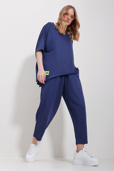 Women's Indigo Bicycle Neck Asymmetrical Cut Armed Blouse And Trousers Set ALC-X11604 - 3