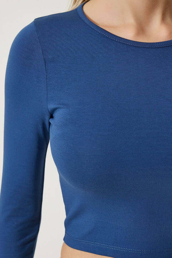 Women's Indigo Blue Bicycle Neck Basic Crop Knit Blouse OW00034 - 4