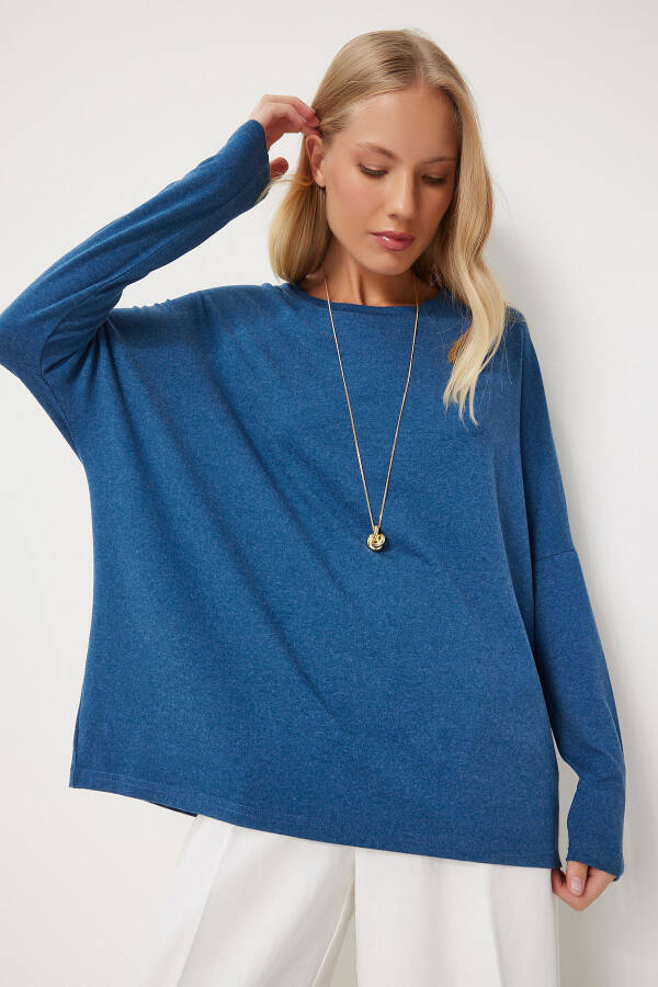 Women's Indigo Blue Bike Neck Batwing Sleeve Knitted Blouse EN00616 - 2