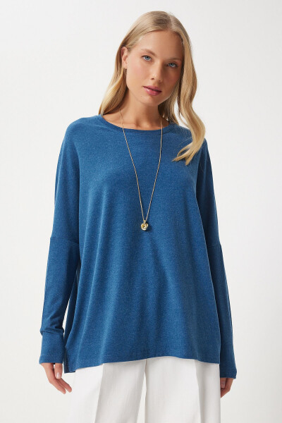 Women's Indigo Blue Bike Neck Batwing Sleeve Knitted Blouse EN00616 - 3