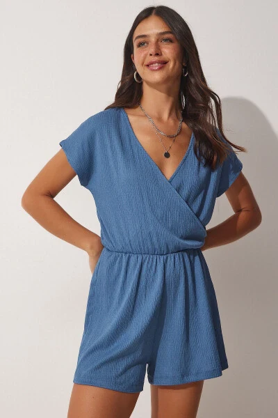 Women's Indigo Blue Envelope Neck Short Knitted Romper UB00019 - Happiness İstanbul