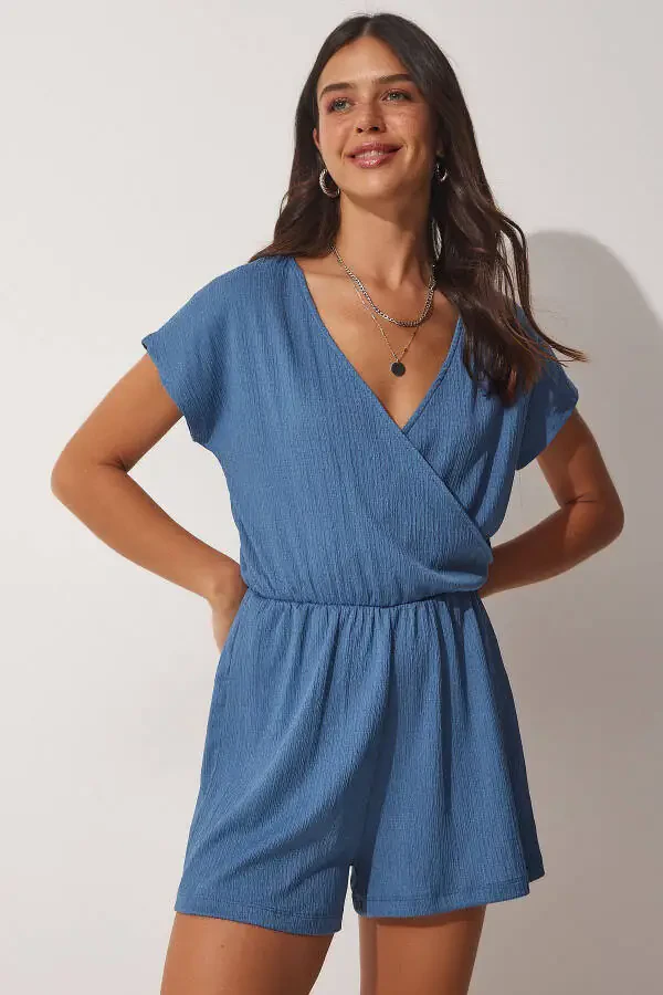 Women's Indigo Blue Envelope Neck Short Knitted Romper UB00019 - 1