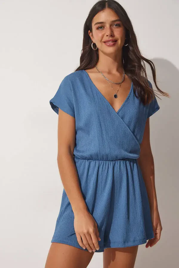 Women's Indigo Blue Envelope Neck Short Knitted Romper UB00019 - 2