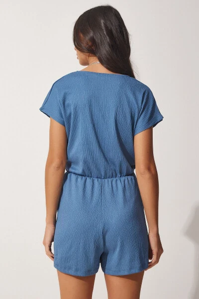 Women's Indigo Blue Envelope Neck Short Knitted Romper UB00019 - 4
