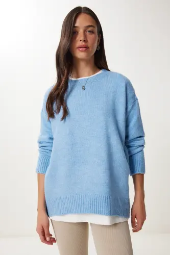 Women's Indigo Blue Oversize Knit Sweater PN00054-Indigo Blue - 8