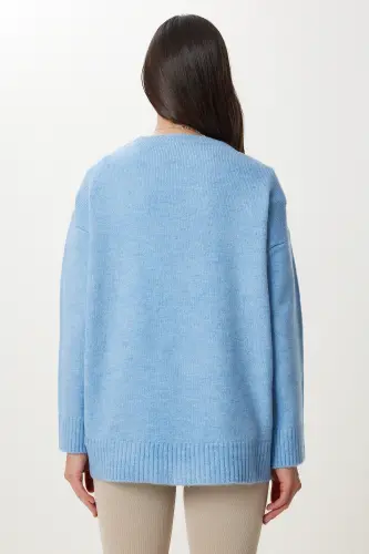 Women's Indigo Blue Oversize Knit Sweater PN00054-Indigo Blue - 11