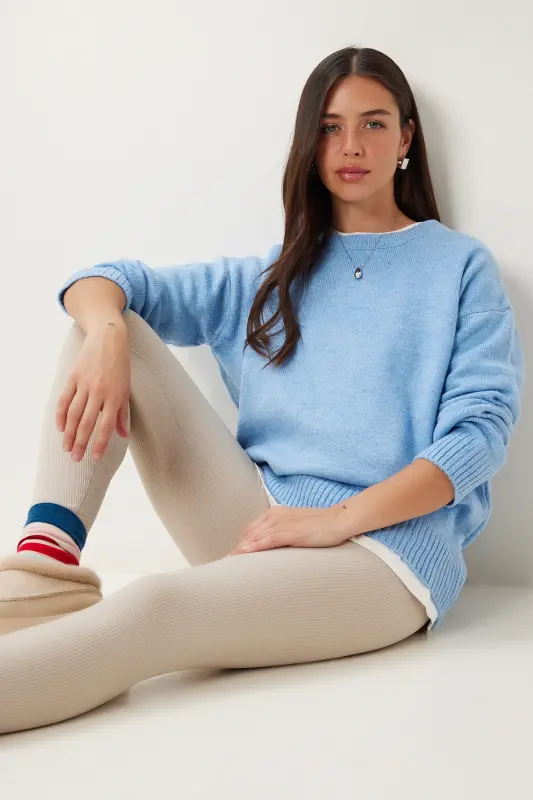 Women's Indigo Blue Oversize Knit Sweater PN00054-Indigo Blue - 2