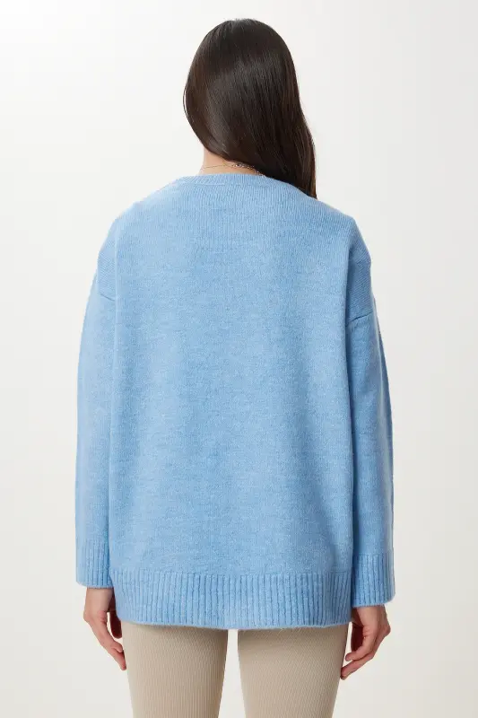 Women's Indigo Blue Oversize Knit Sweater PN00054-Indigo Blue - 6