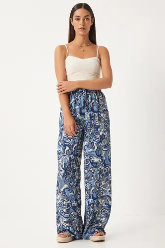 Women's Indigo Blue Patterned Flowy Viscose Palazzo Pants EN00606-Indigo Blue - 1