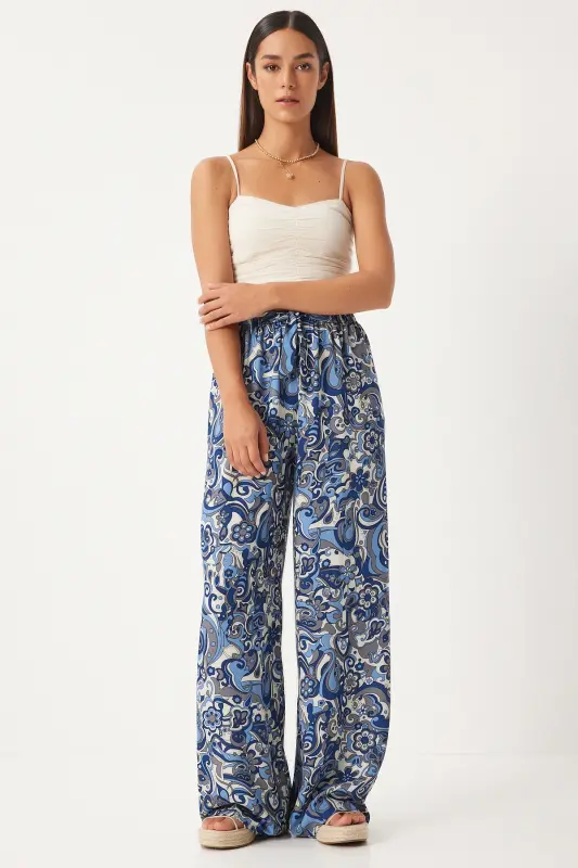 Women's Indigo Blue Patterned Flowy Viscose Palazzo Pants EN00606-Indigo Blue - 1