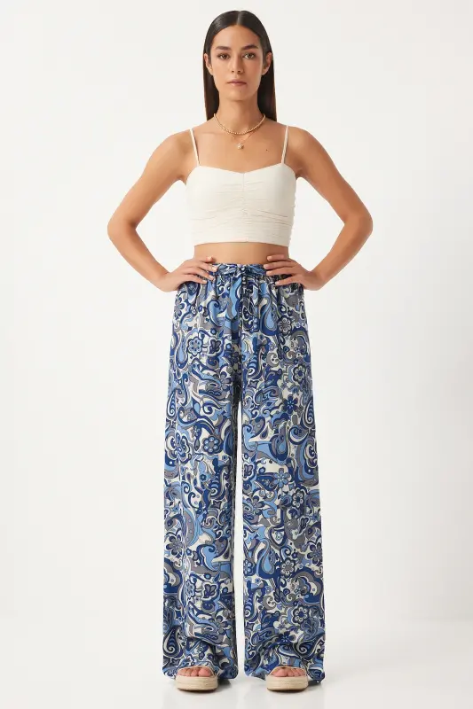 Women's Indigo Blue Patterned Flowy Viscose Palazzo Pants EN00606-Indigo Blue - 2